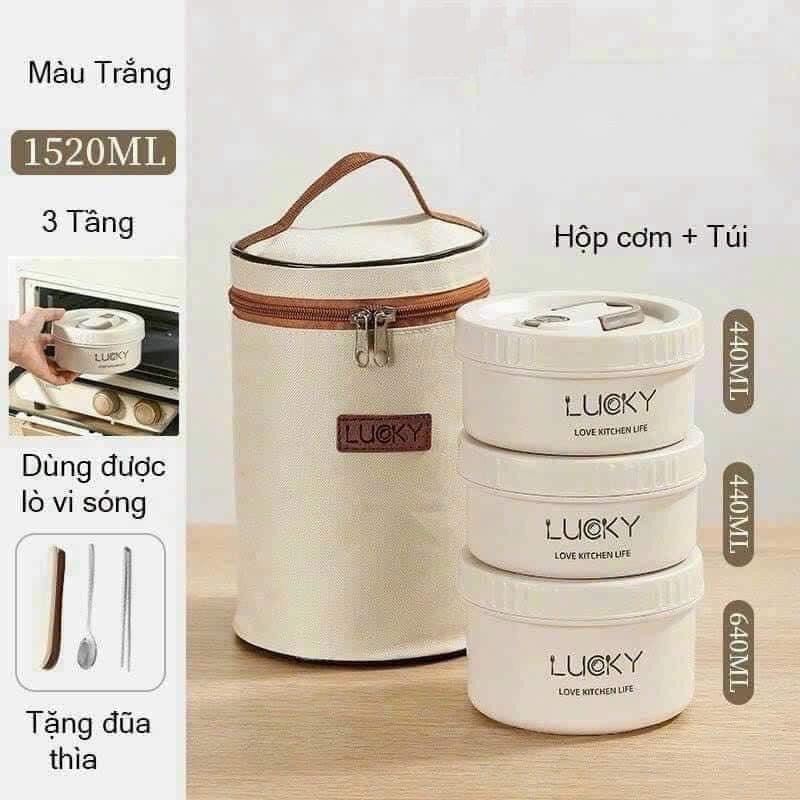 Hộp Đựng Cơm Giữ Nhiệt, Hộp Đựng Cơm Văn Phòng LUCKY Inox 304 Giữ Nhiệt Tốt Tặng Kèm Túi,Thìa,Đũa
