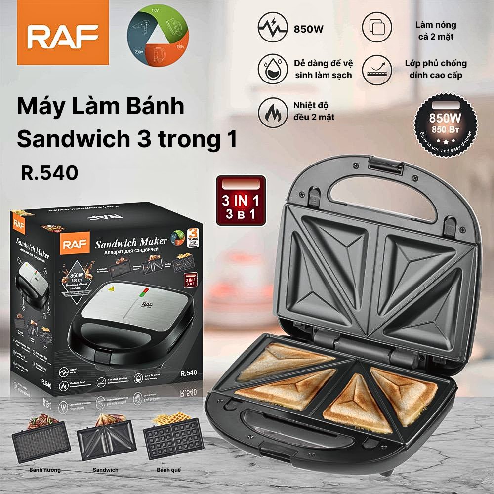 Máy nướng bánh mì sandwich ,Máy kẹp bánh mì RAF 540 công suất 850W .Tặng 2 vỉ làm bánh ,bảo hành 1 đổi 1 tại nhà trong 7 ngày nếu có lỗi.