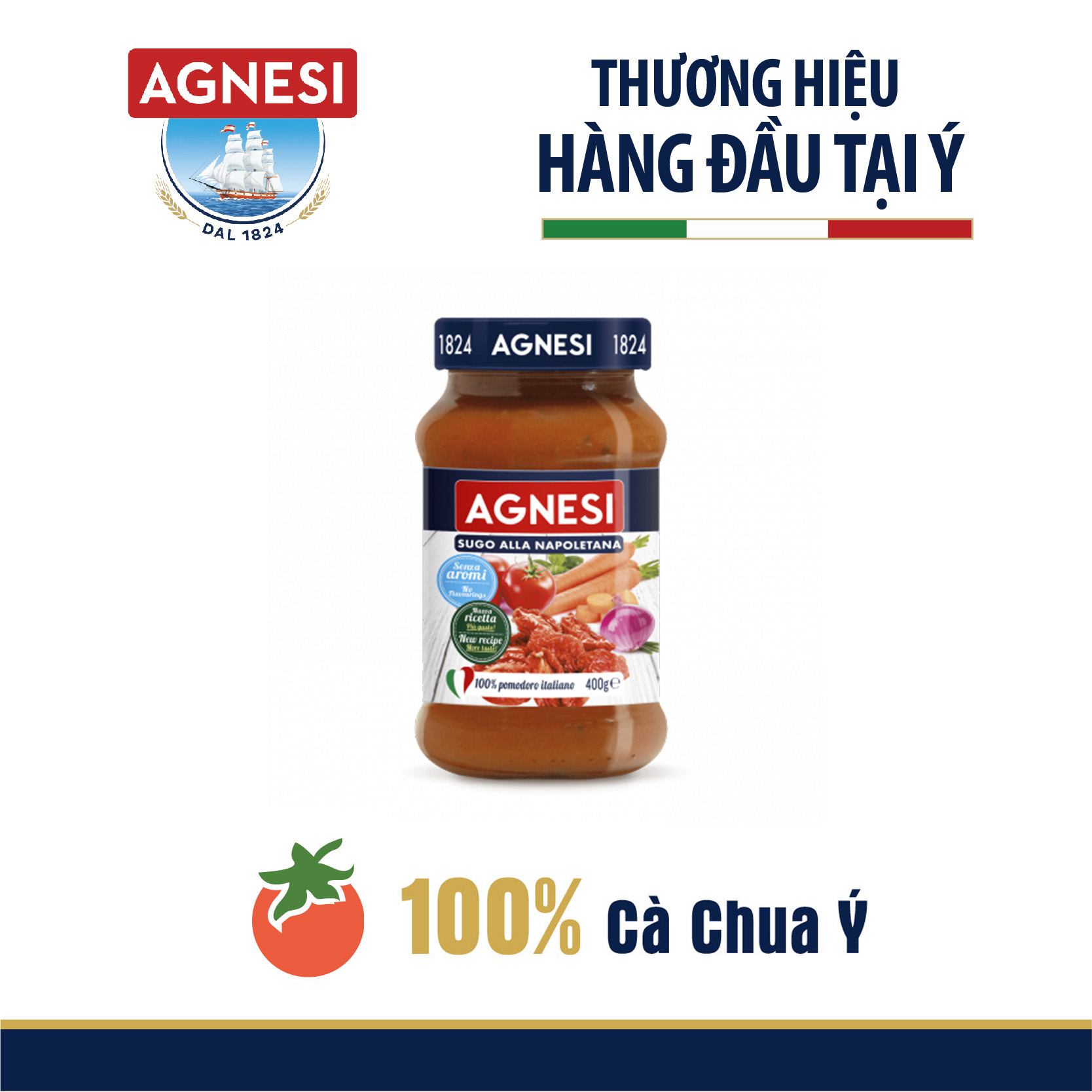 Sốt mì ý cà chua Napoletana Agnesi Ý 400g, 100% cà chua Ý nấu ngon với mì Spagetti N3, sốt cà chua cô đặc làm pizza