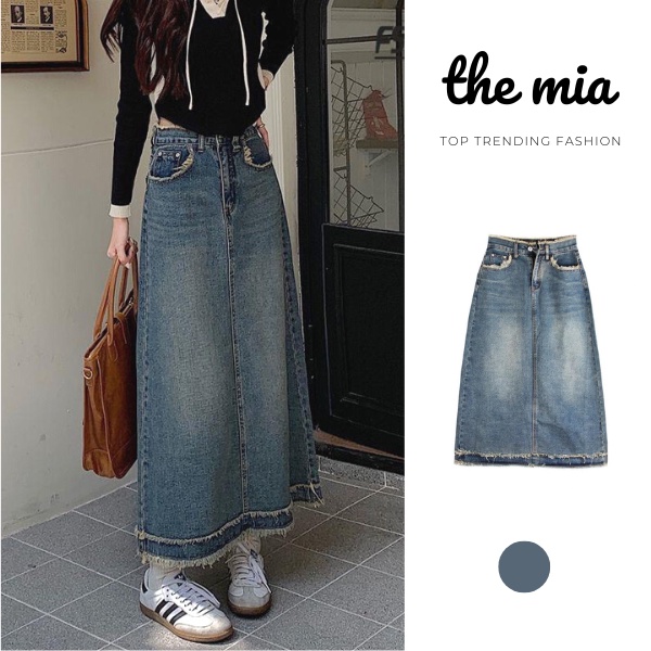 Chân váy jeans dáng dài cạp cao tua rua gấu phong cách ulzzang JTRG339