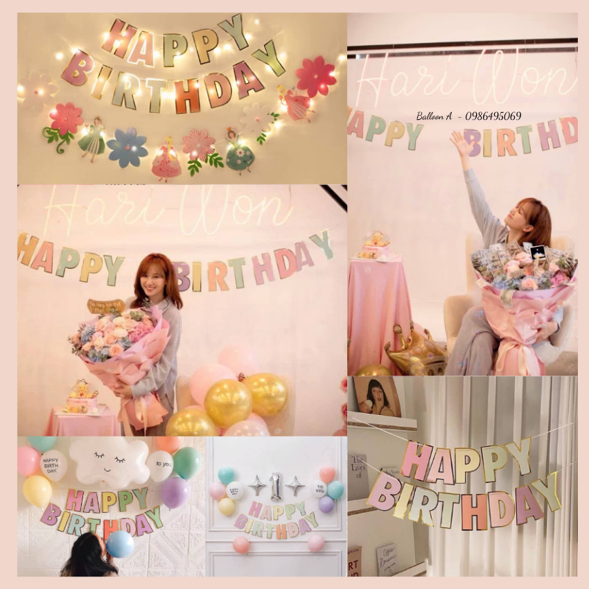 Dây chữ Happy Birthday ép kim viền vàng Hariwon phụ kiện trang trí sinh nhật phong cách Hàn Quốc