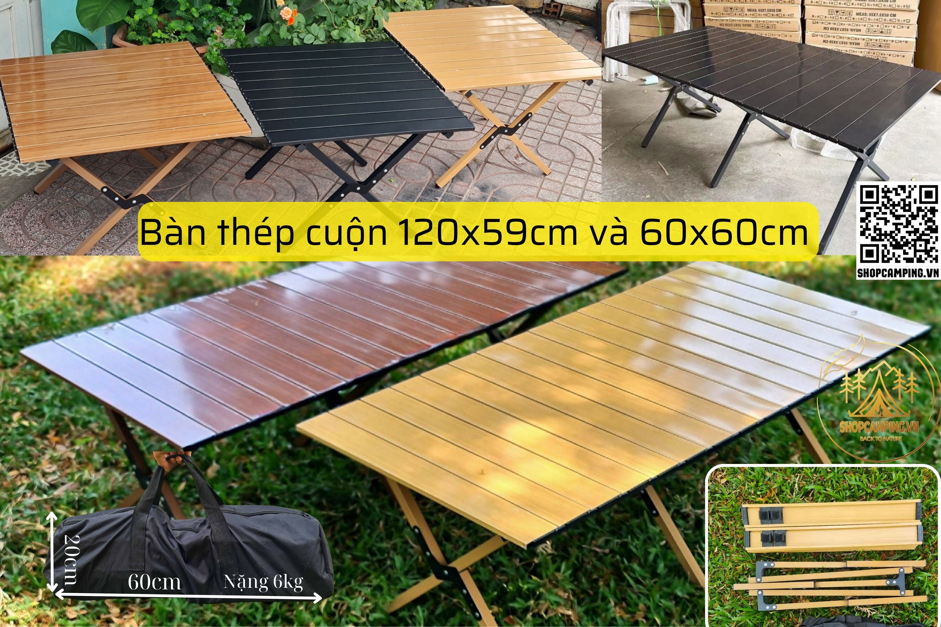 Bàn thép gấp gọn, bàn xếp giả gỗ dành cho cắm trại dã ngoại
