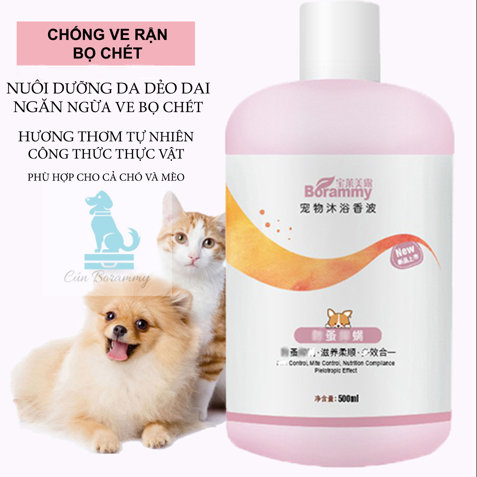 Sữa tắm cho chó BORAMMY chống ve rận bọ chét 500ml - Sữa tắm cho mèo dưỡng chất hoa hồng có độ nhớt thấp dễ xoa và tạo bọt