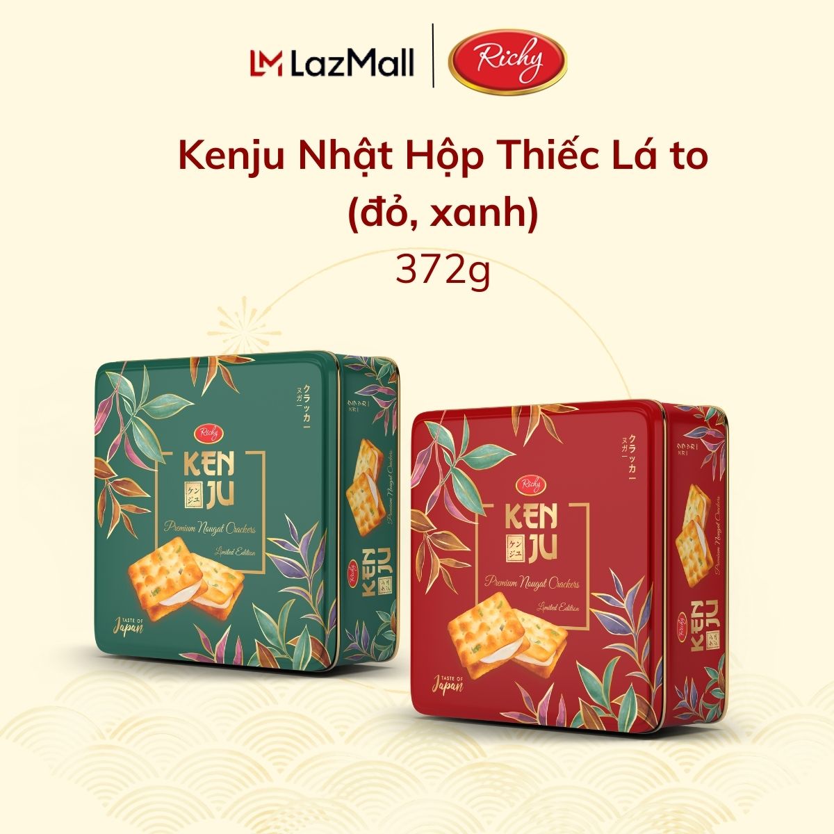 [CÓ TÚI GIẤY] Hộp Bánh Tết Kenju Nhật Kem Dẻo, Hộp Thiếc 372g - Bánh Kẹo Richy