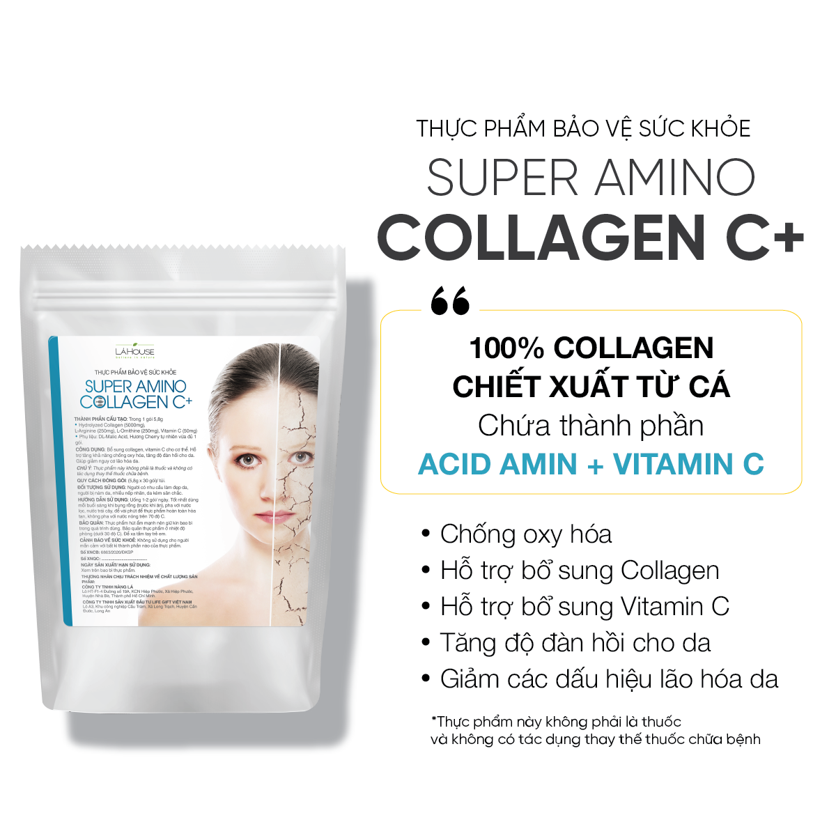 Collagen bổ sung Vitamin C tăng khả năng chống oxy hóa Lá House Pure Amino Collagen C+ (6.5g*30gói)