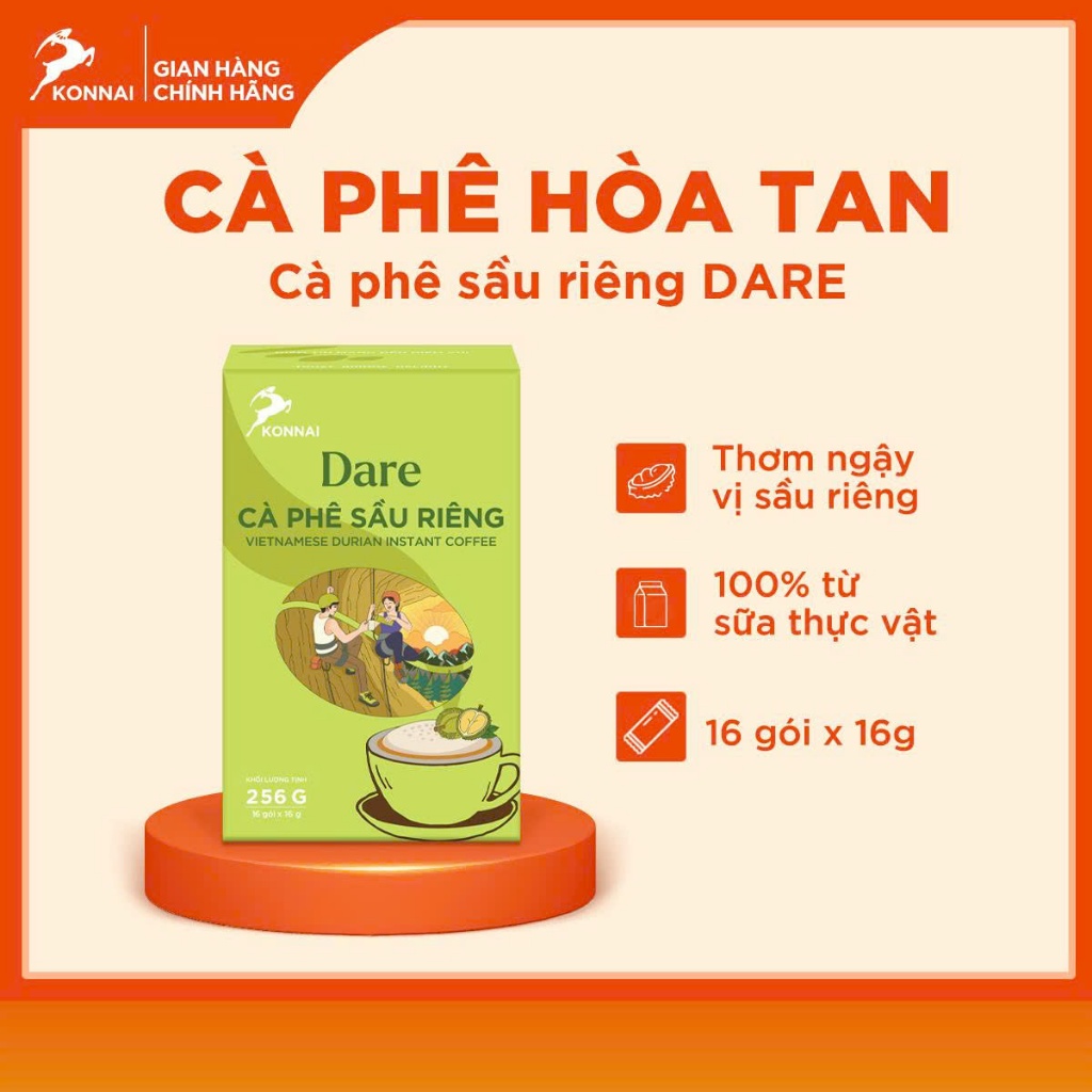 Cà phê hòa tan sầu riêng DARE Konnai Coffee kết hợp sữa thực vật lành tính, thơm ngậy vị sầu riêng 16 gói - 16g/gói