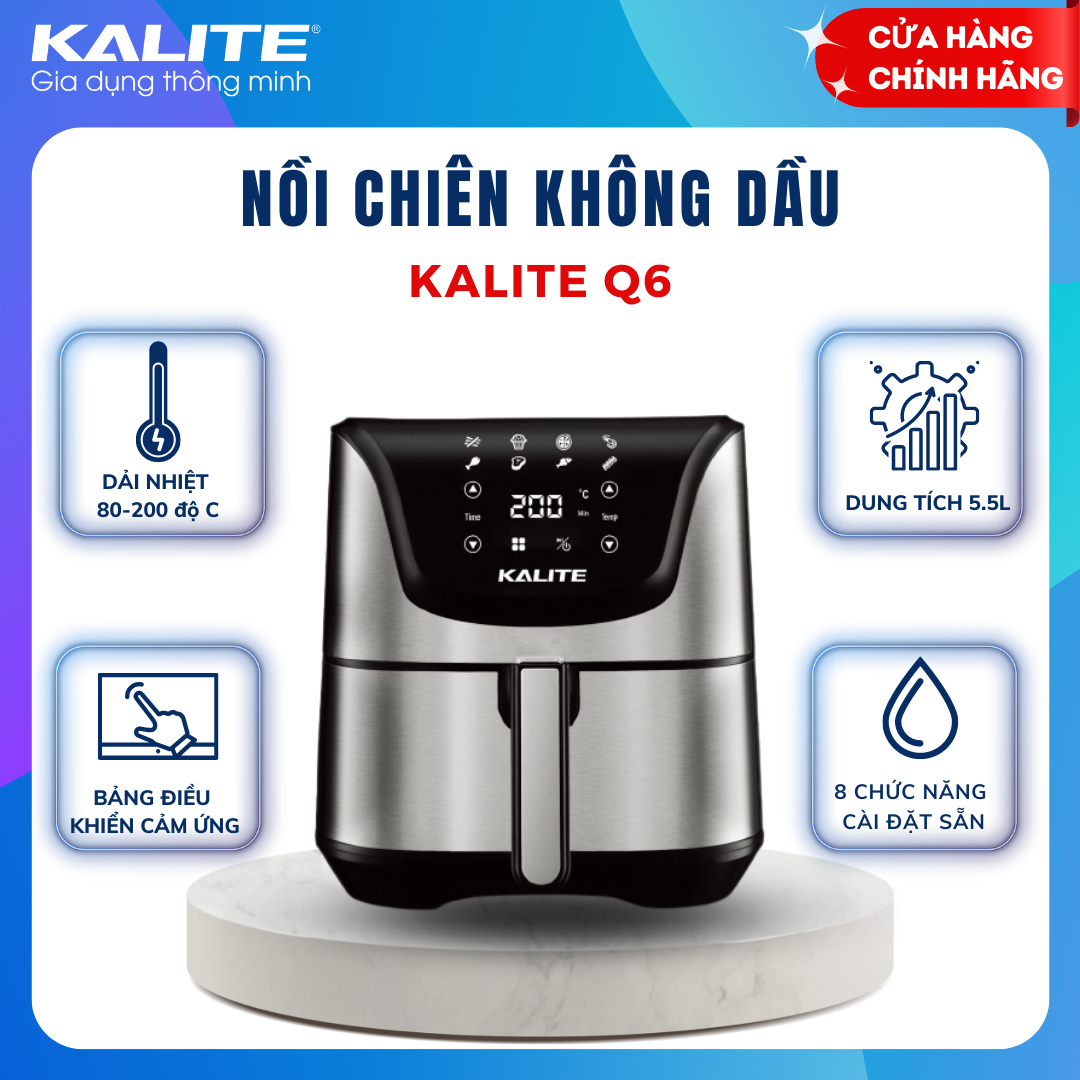 Nồi chiên không dầu Kalite Q6, công suất 1700W, dung tích 5.5L, công nghệ chiên không dầu Rapid Air giảm 95% chất béo, đa chức năng, cảm ứng màn hình LED hiện đại, bảo hành 12 tháng