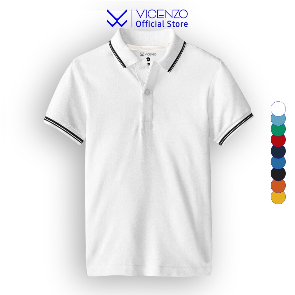 Áo polo nam Vicenzo chuẩn hàng xuất, áo thun polo nam vải cá sấu phối sọc viền