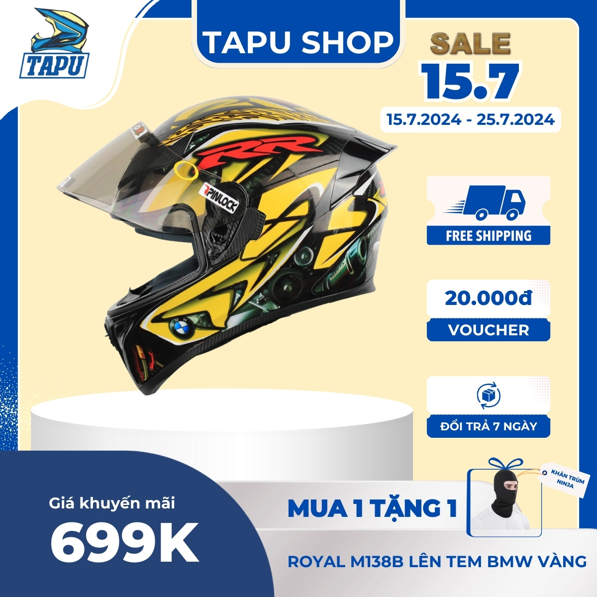 Nón Fullface ROYAL M138B 1 Kính Lên Tem BMW Vàng - Tapu Shop