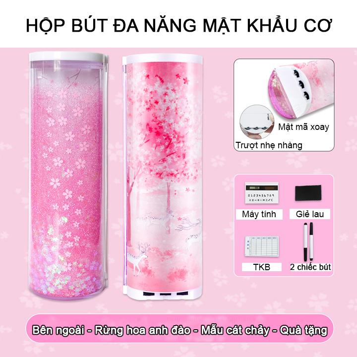 Hộp bút hiện đại kim tuyến có mật khẩu cơ quà Tặng 2 bút + Giẻ lau+ máy tính + gương soi