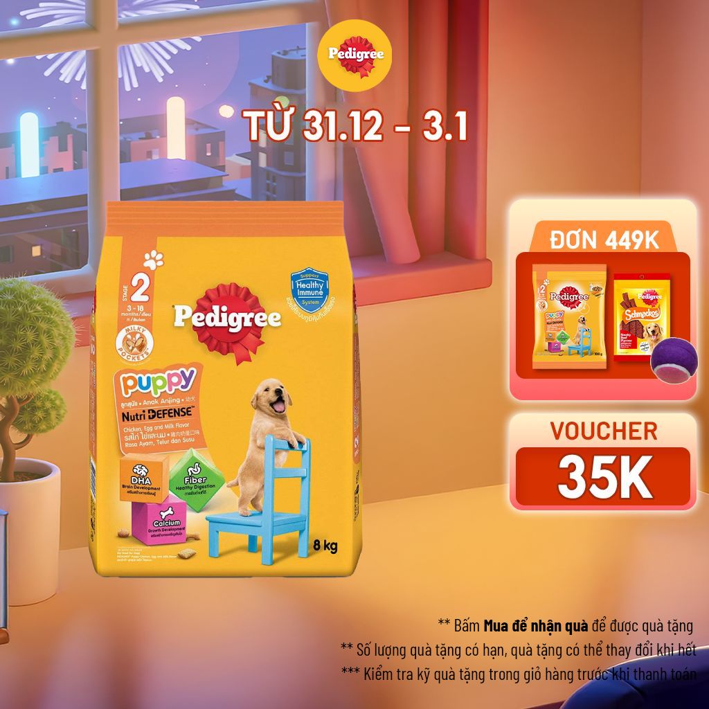Thức Ăn Dạng Hạt Khô Cho Chó Con PEDIGREE NutriDefense Vị Gà Trứng Sữa 8Kg - Phát Triển & Tăng Trưởng Não Bộ cho Chó Con