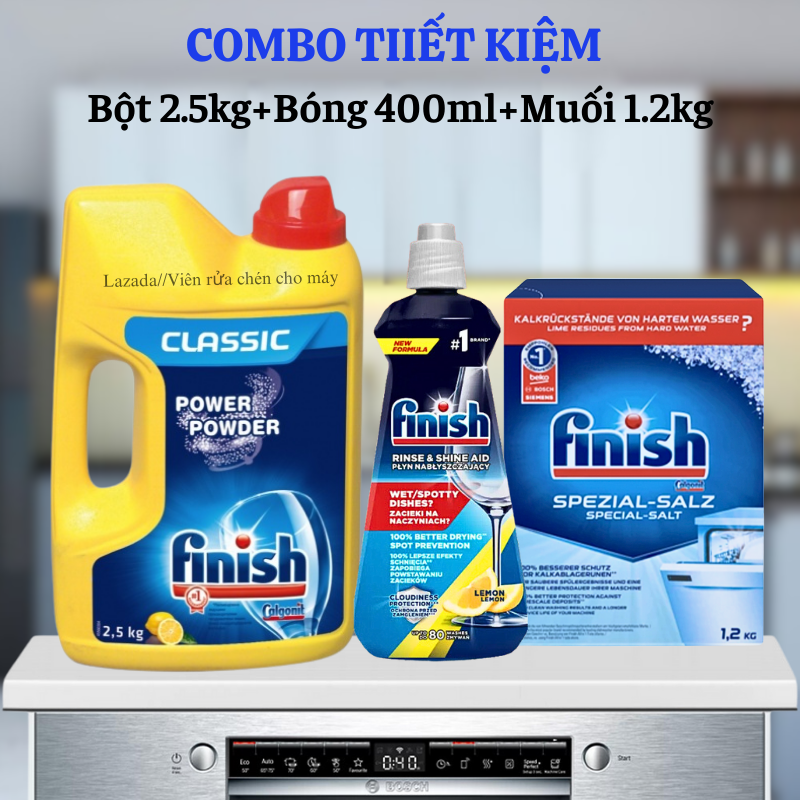 Combo Bột rửa bát Finish 2.5 2.2 1.3kg + Muối Finish 1.2kg + Nước làm bóng Finish 400ml siêu tiết kiệm dùng cho máy rửa bát