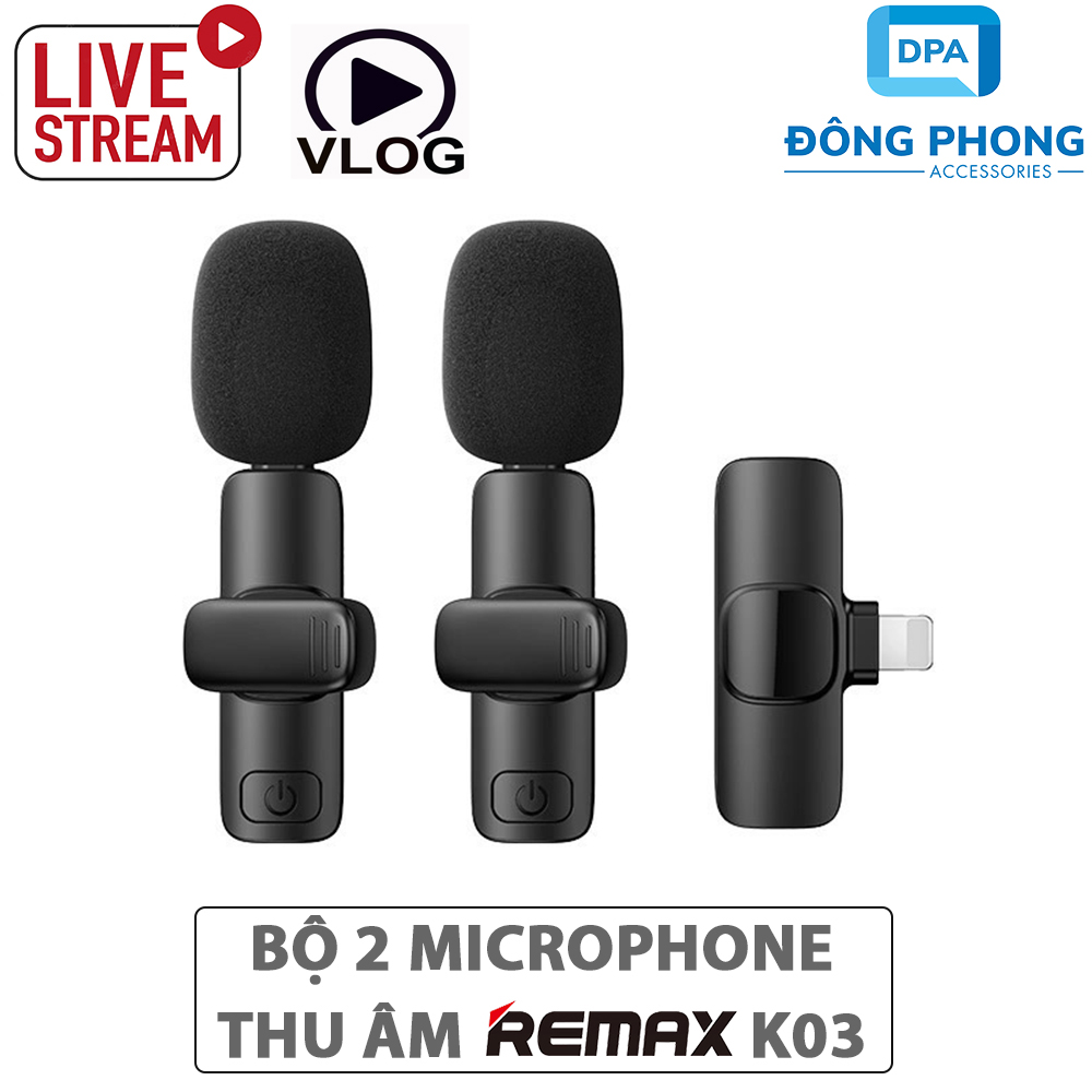 Bộ 2 microphone remax k03 không dây thu âm cài áo hỗ trợ livestream, quay video chính hãng