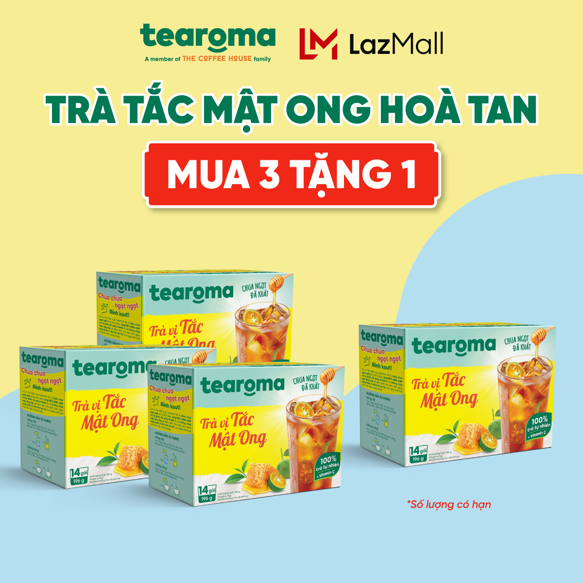   Combo 3 Tặng 1  Trà Tearoma hòa tan vị Tắc mật ong hộp 196g  14 gói x 14g  
