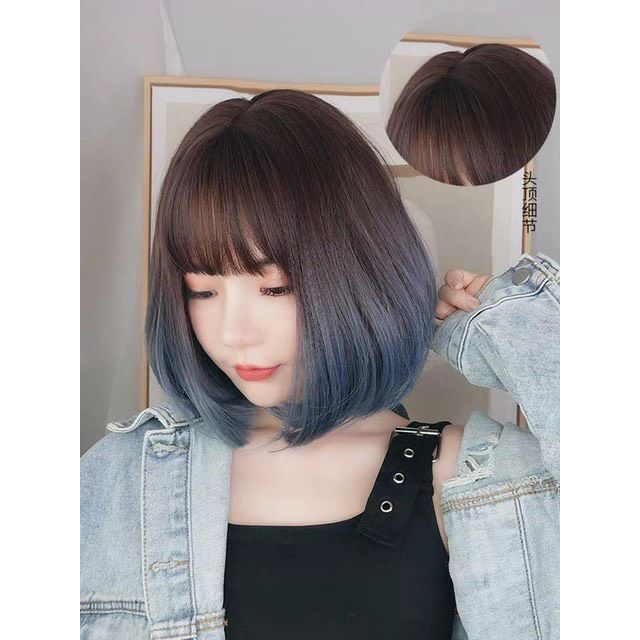 Tóc giả nữ đẹp 🤐FREESHIP🤐 Tóc giả nguyên đầu víc cúp omber xanh 20 cm