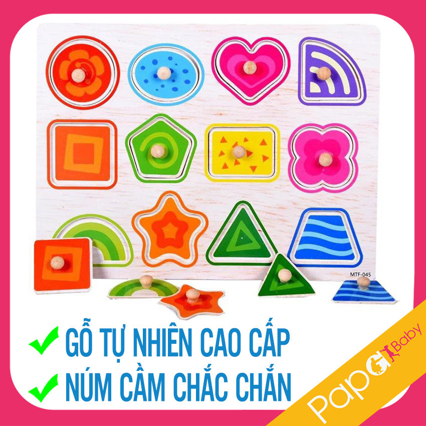 Bảng Núm Gỗ Cho Bé - 12 chi tiết, gỗ cao cấp, chủ đề màu sắc hình khối - Bảng ghép hình núm gỗ, bảng ghép hình bằng gỗ, bảng gỗ ghép hình cho bé, đồ chơi bảng núm gỗ xếp hình, bảng núm gỗ xếp hình