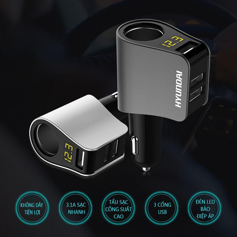 [Màu Đen] Bộ chia tẩu sạc nhanh 3 trong 1 Hyundai HY-10 1 tẩu 3 cổng USB cho ô tô