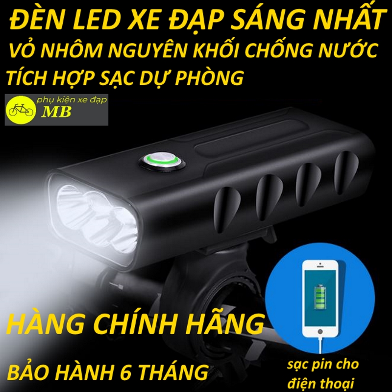 đèn xe đạp siêu sáng pin sạc usb thiết kế thể thao vỏ nhôm nguyên khối chống nước 3 bóng led T6 chiếu xa 1000m pin trâu tích hợp sạc dự phòng cho điện thoại tặng kèm dây sạc bảo hành 6 tháng