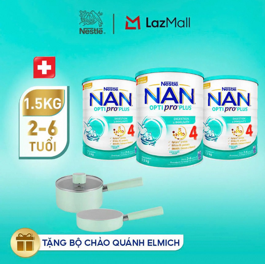[Tặng Bộ chảo quánh elmich] Bộ 3 lon Sữa bột Nestlé NAN OPTIPRO PLUS 4 1500g/lon với 5HMO Giúp tiêu hóa tốt