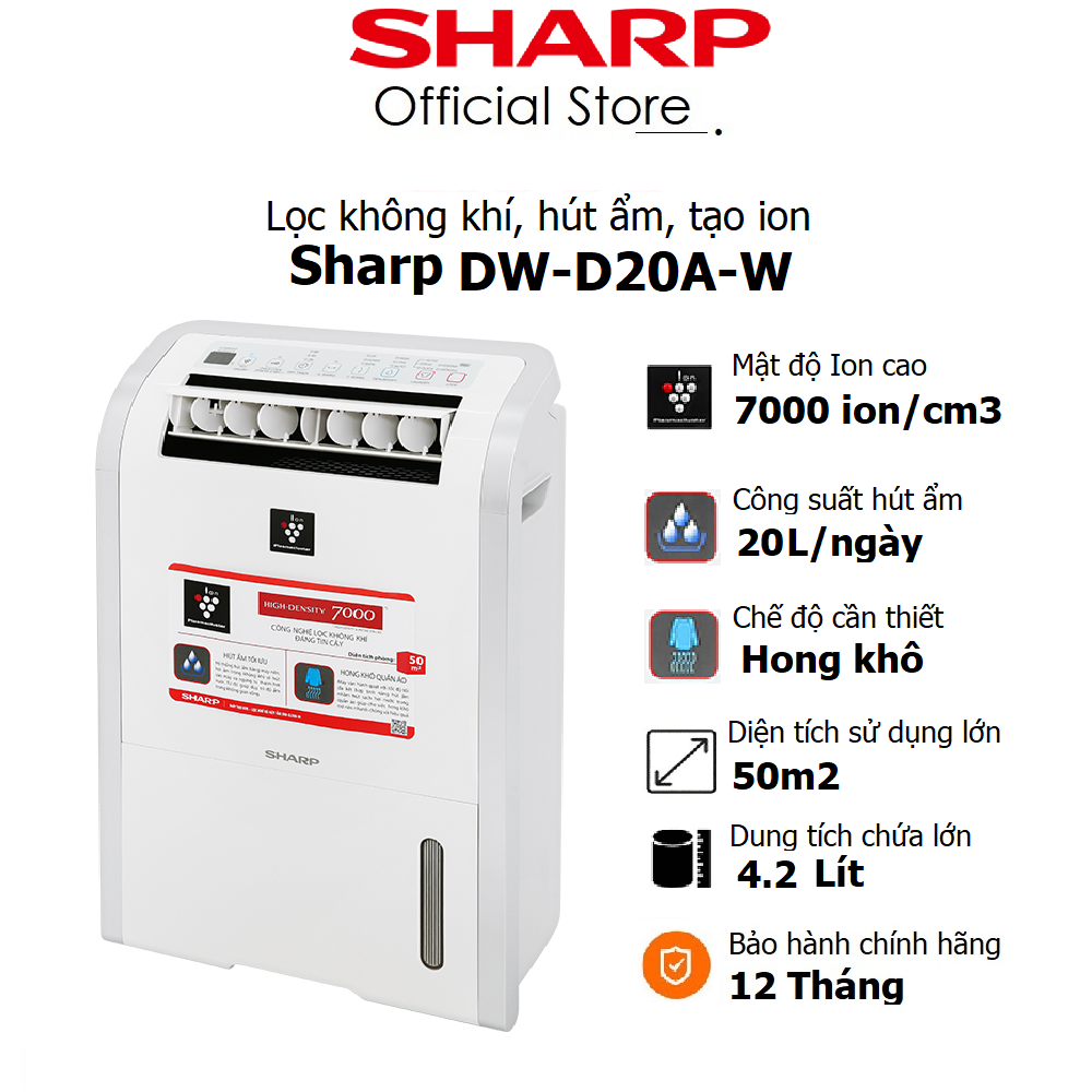 [Trả góp 0%]Máy lọc không khí và hút ẩm Sharp DW-D20A-W diện tích 50m2 Hút ẩm, lọc không khí, Công nghệ ion Plasmacluster- Bảo hành 12 Tháng