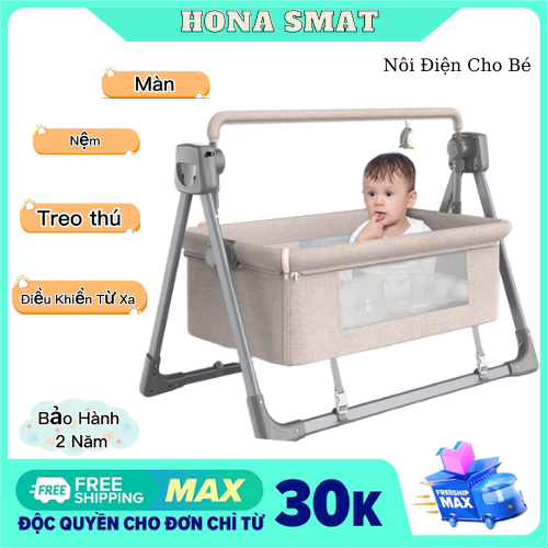 Nôi điện cho bé đu đưa tự động (Tặng màn+nệm), Nôi điện em bé có kết nối Bluetooth điều khiển từ xa, có phát nhạc HONA SMAT