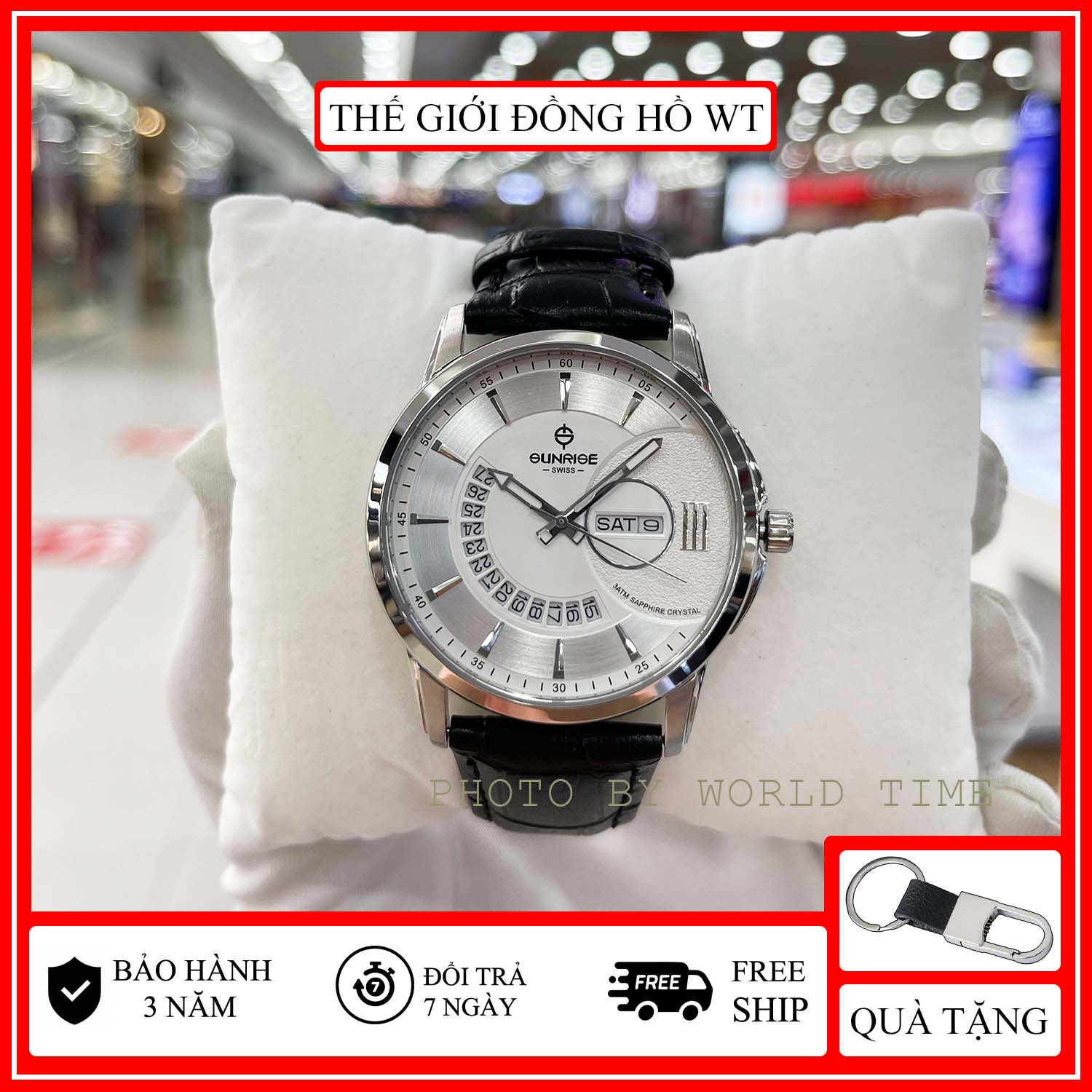 Đồng Hồ Nam Sunrise 1130SA B Full hộp , túi , thẻ bảo hành hãng , Sapphire chống xước , chống nước,Dây Da Đen