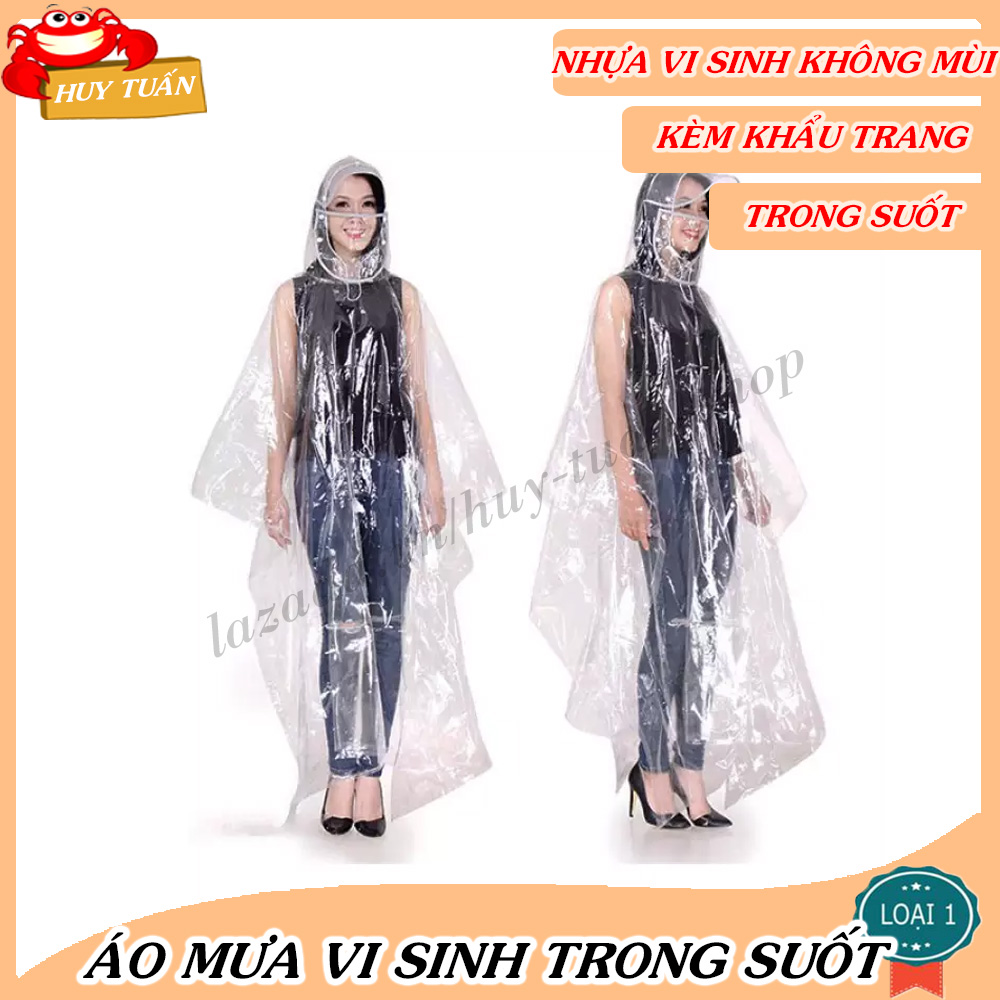 Áo mưa vi sinh trong suốt có khẩu trang, Áo mưa một đầu, Áo mưa nhựa vi sinh siêu bền, Áo mưa Huy Tuấn