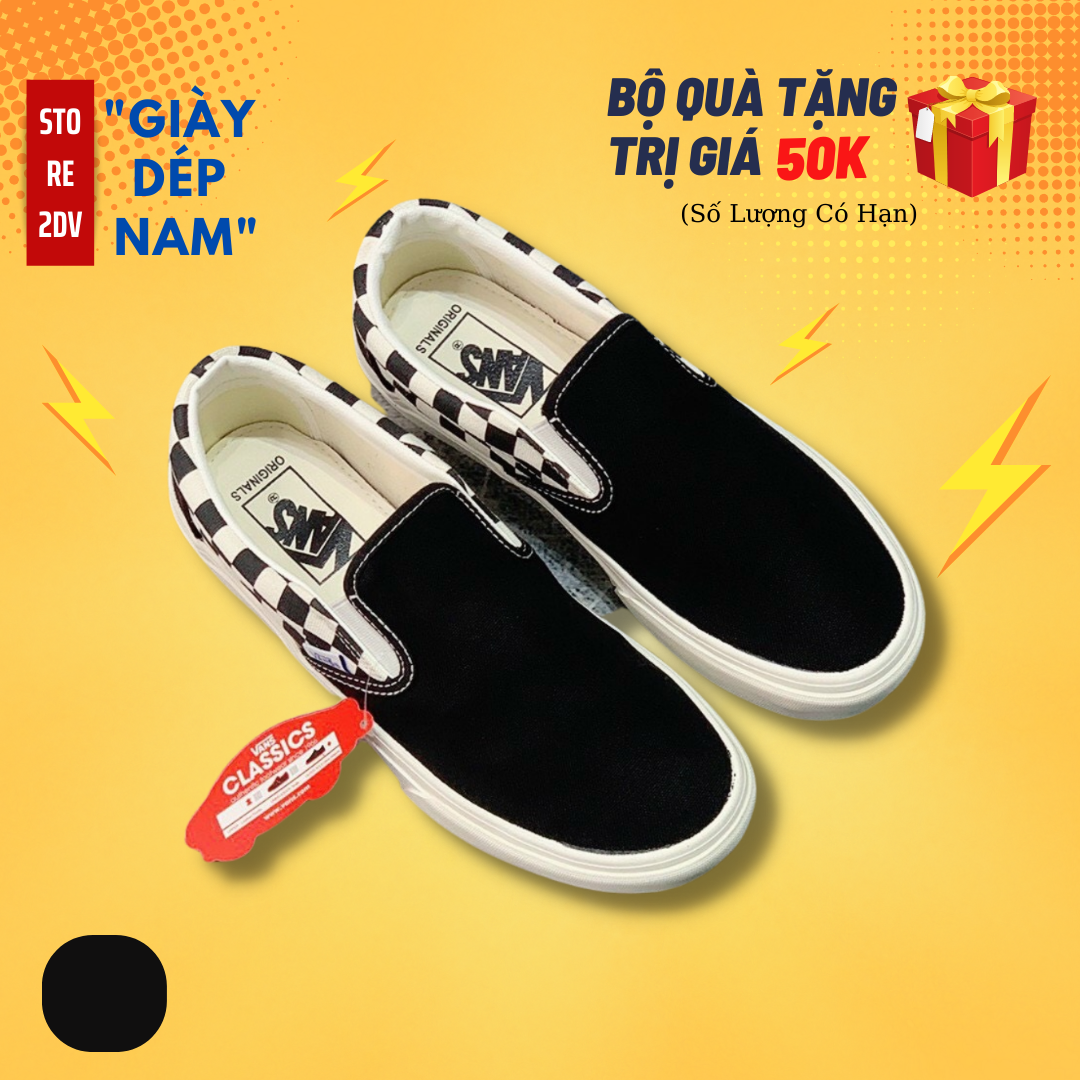 Giày lười nam xỏ caro đen vans slip on caro black white