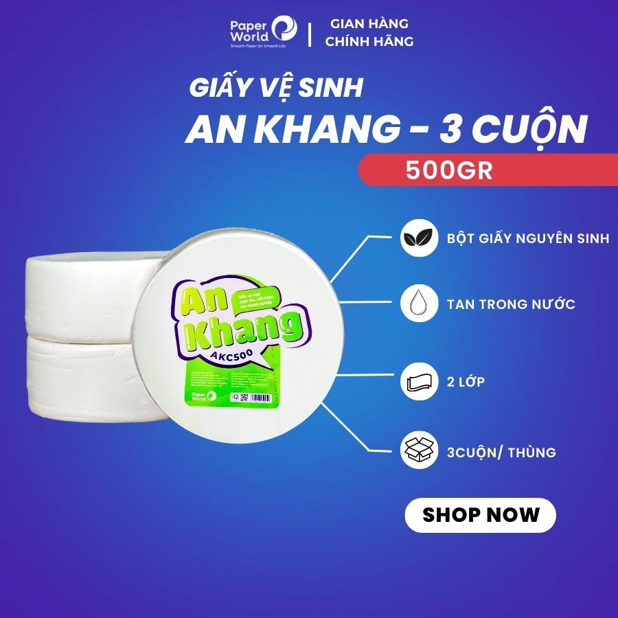Combo 3 cuộn Giấy vệ sinh cuộn lớn 2 lớp AN KHANG AKC500 | Thế Giới Giấy | 100% bột giấy nguyên sinh | AKC503 | giấy vệ sinh công nghiệp giá tốt | giấy vệ sinh tan trong nước | cam kết hàng chất lượng giá tốt