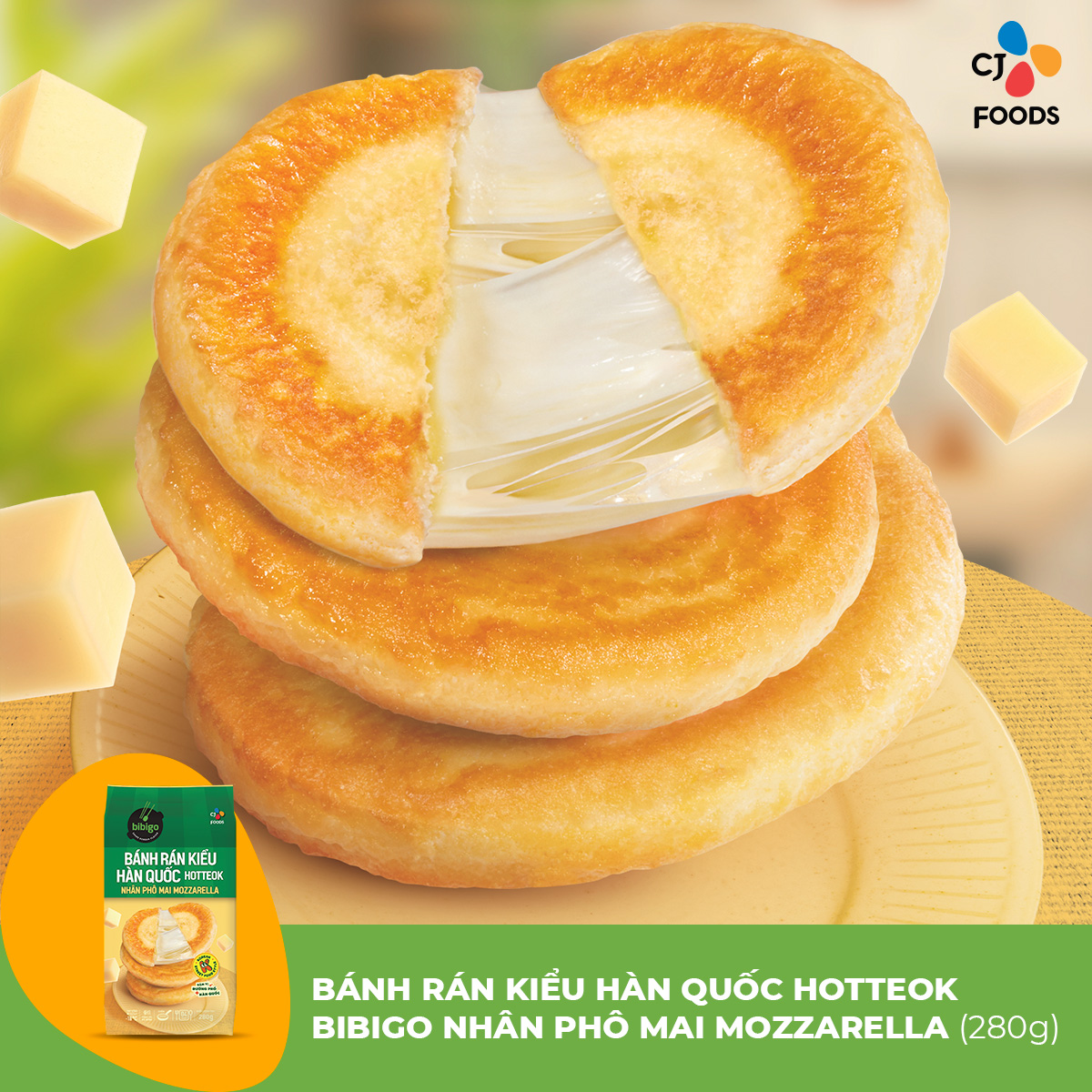 [HCM_HN] Bánh rán Hàn Quốc Hotteok bibigo - nhân Phô mai Mozzarella 280g (4 bánh to nhân đầy)