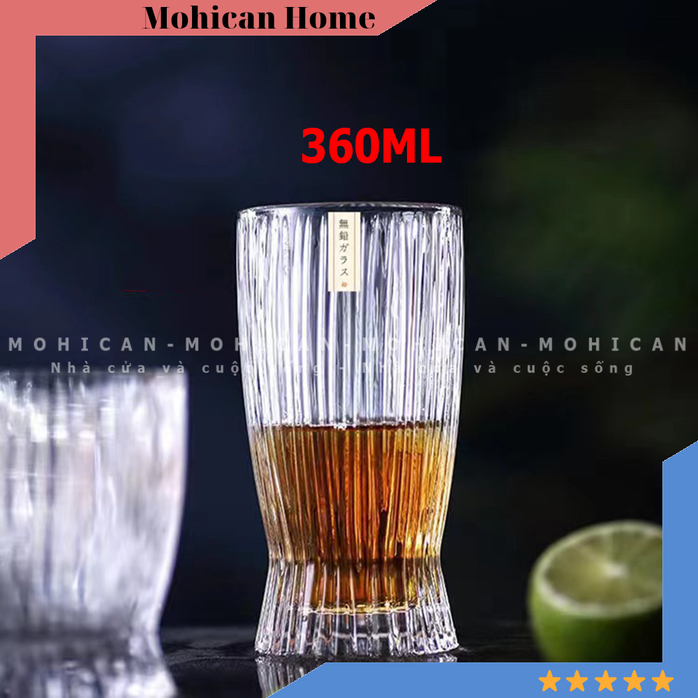 Ly thủy tinh sọc dọc đáy eo 360ml, cốc thủy tinh cao, đáy xòe dầy uống sinh tố cocktail Mohican