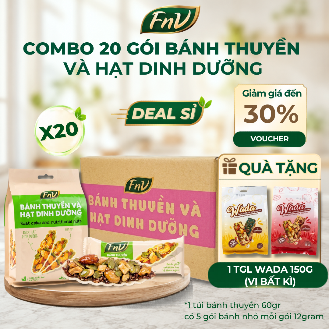 [DEAL SỈ] Combo 20 gói bánh thuyền hạt dinh dưỡng mix gạo lứt ăn vặt không đường FNV 20 gói x 60g bánh hỗ trợ giảm cân