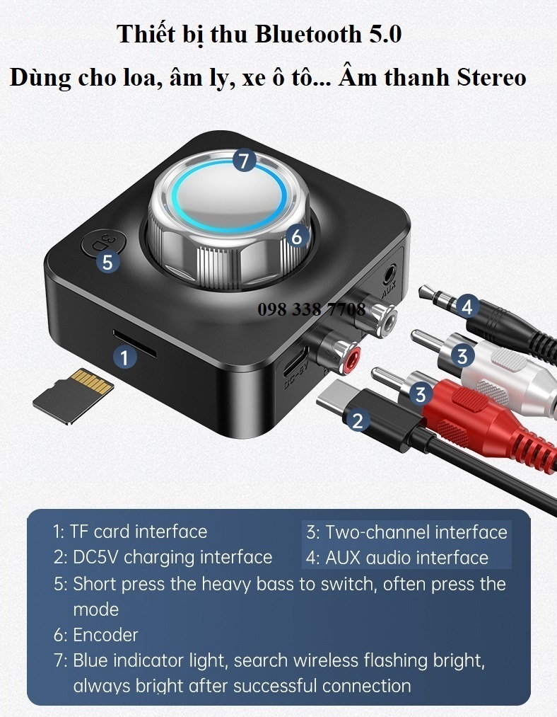 Thiết bị thu âm thanh không dây Hifi Stereo âm thanh 3D Bluetooth 5.0 cho loa, âm ly, xe ô tô 2 ngõ ra jack 3.5mm và AV