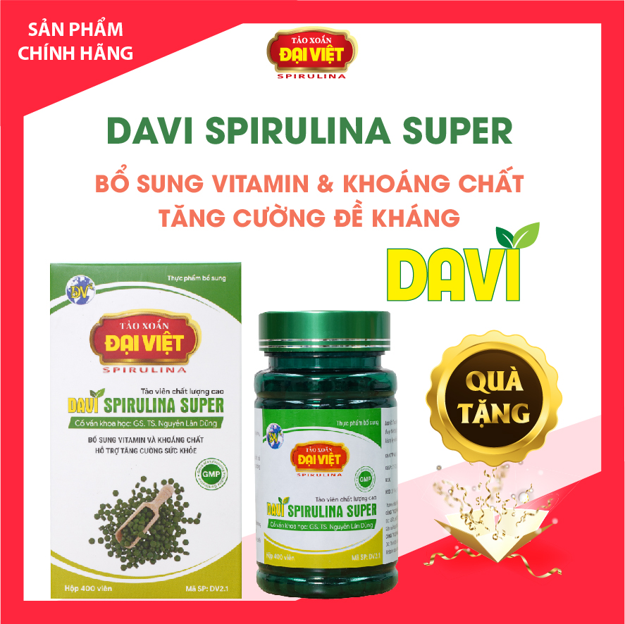 Viên uống Spirulina cao cấp Giúp bổ sung Vitamin và khoáng chất Davi Super  Lọ 200v/400v Tảo xoắn Đại Việt chính hãng