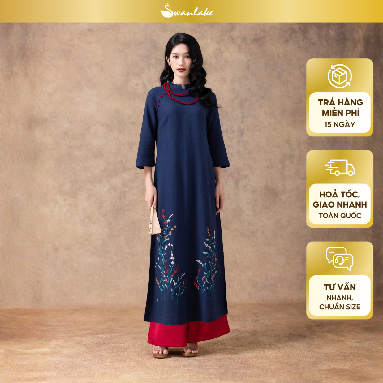  SWANLAKE | Áo Dài Tết Cách Tân Nữ Phom Suông Chất Vải Linen Cổ Truyền Thống Thêu Hoa L13090 
