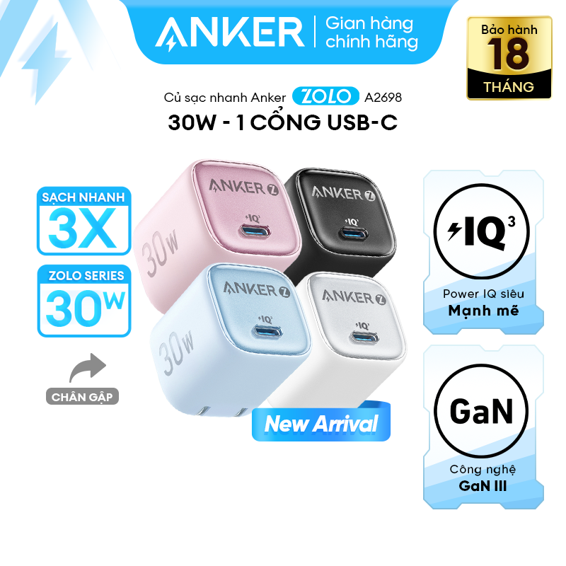 Củ sạc nhanh Anker Zolo - 20W/30W | 1 cổng USB-C | Sạc nhanh Power IQ 3.0 | Chân gập gấp gọn tiện lợi- A2698/A2699