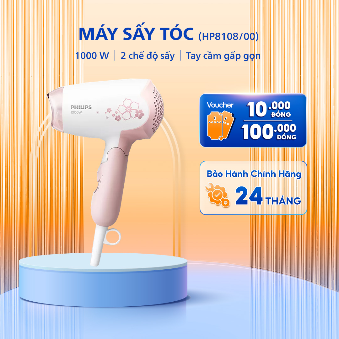 Máy Sấy tóc Philips HP8108/00, Nhỏ Gọn, Tay Cầm Gấp Gọn Tiện Lợi, Công Suất 1000 W, Bảo Hành 24 Tháng