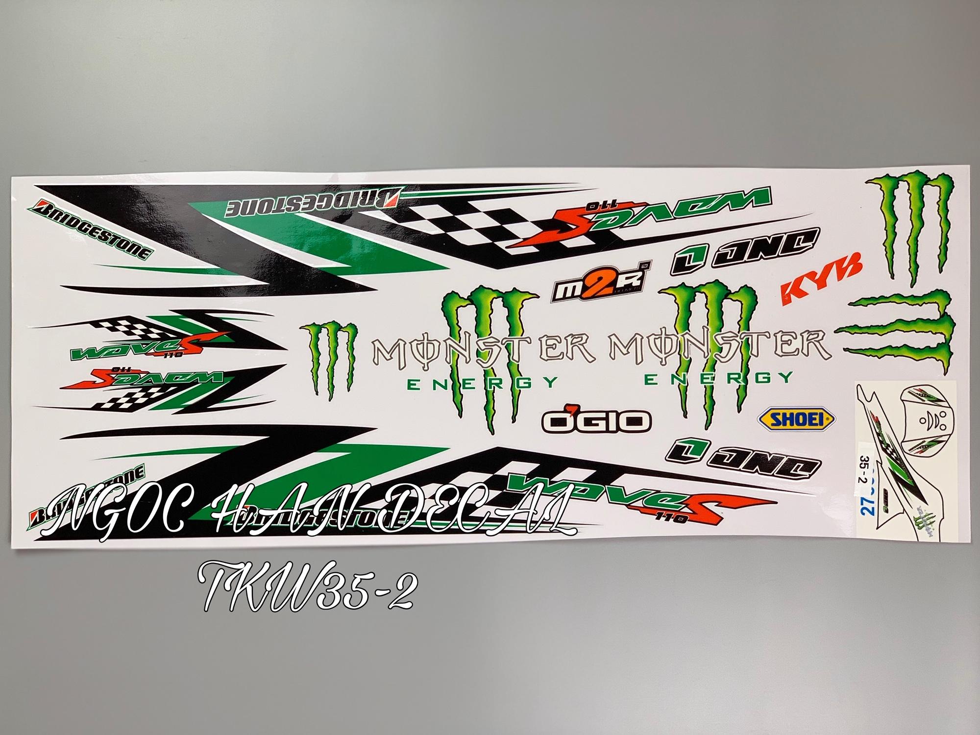 Tem chế nguyên bộ Monster màu xanh lá cho xe Wave -- NGỌC HÂN DECAL