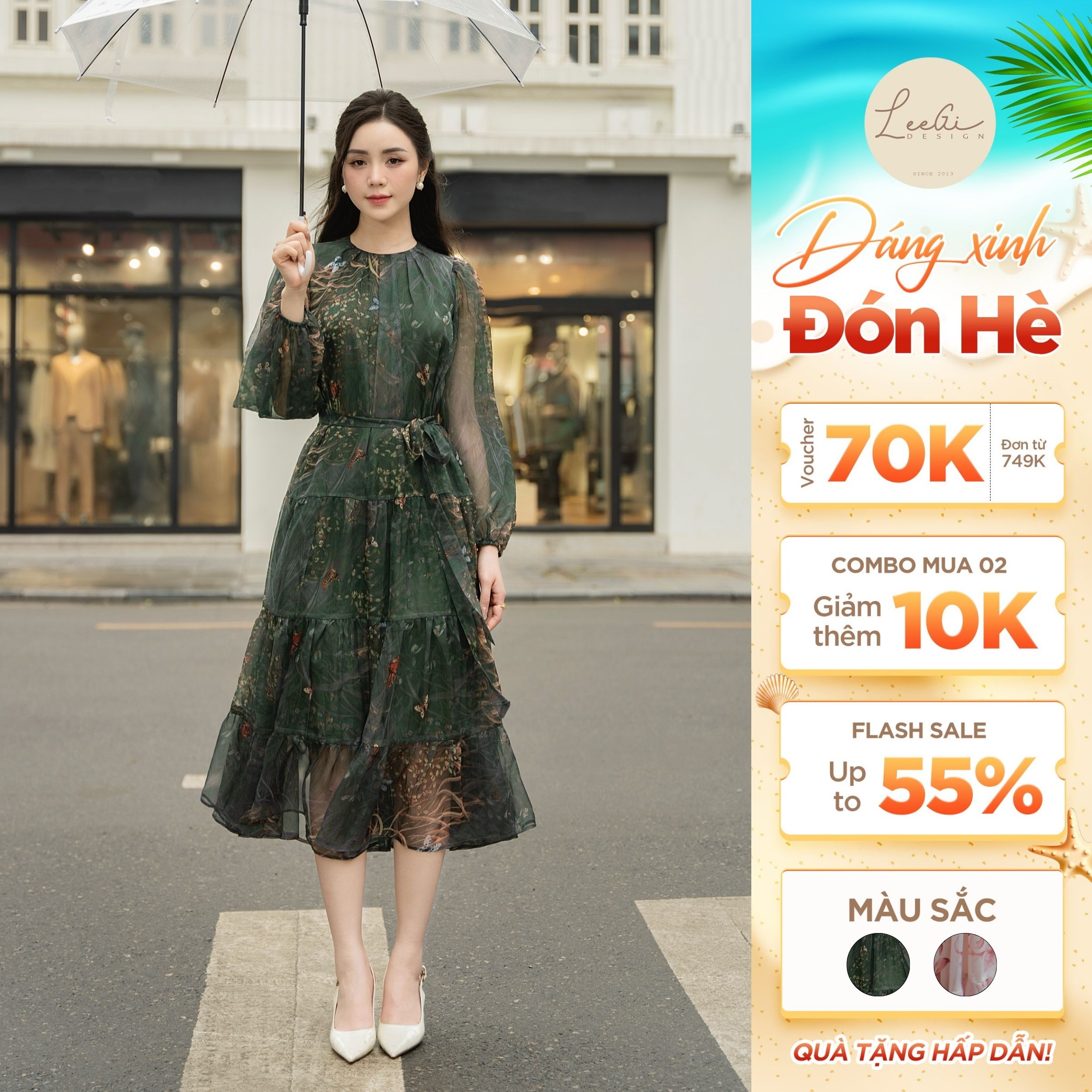 Váy voan ba tầng dài tay LeeGi Design hoạ tiết hoa rêu Min0075