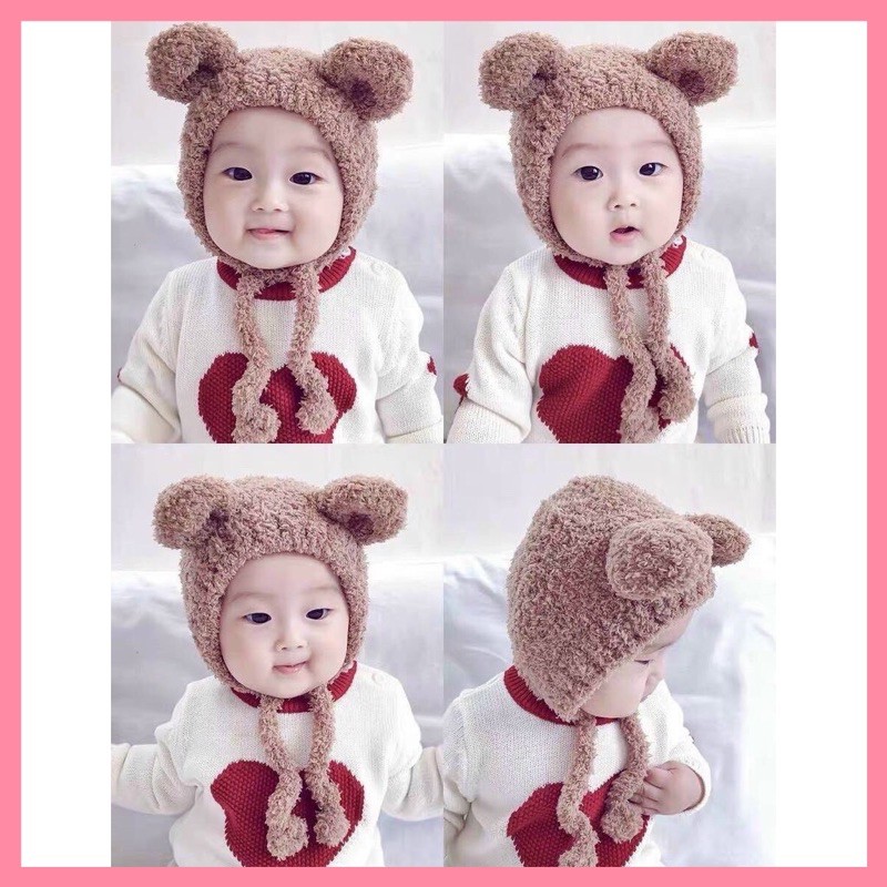 Mũ lông cừu tai gấu, mũ trùm đầu cho bé trai, bé gái siêu xinh, mẫu mới 2020