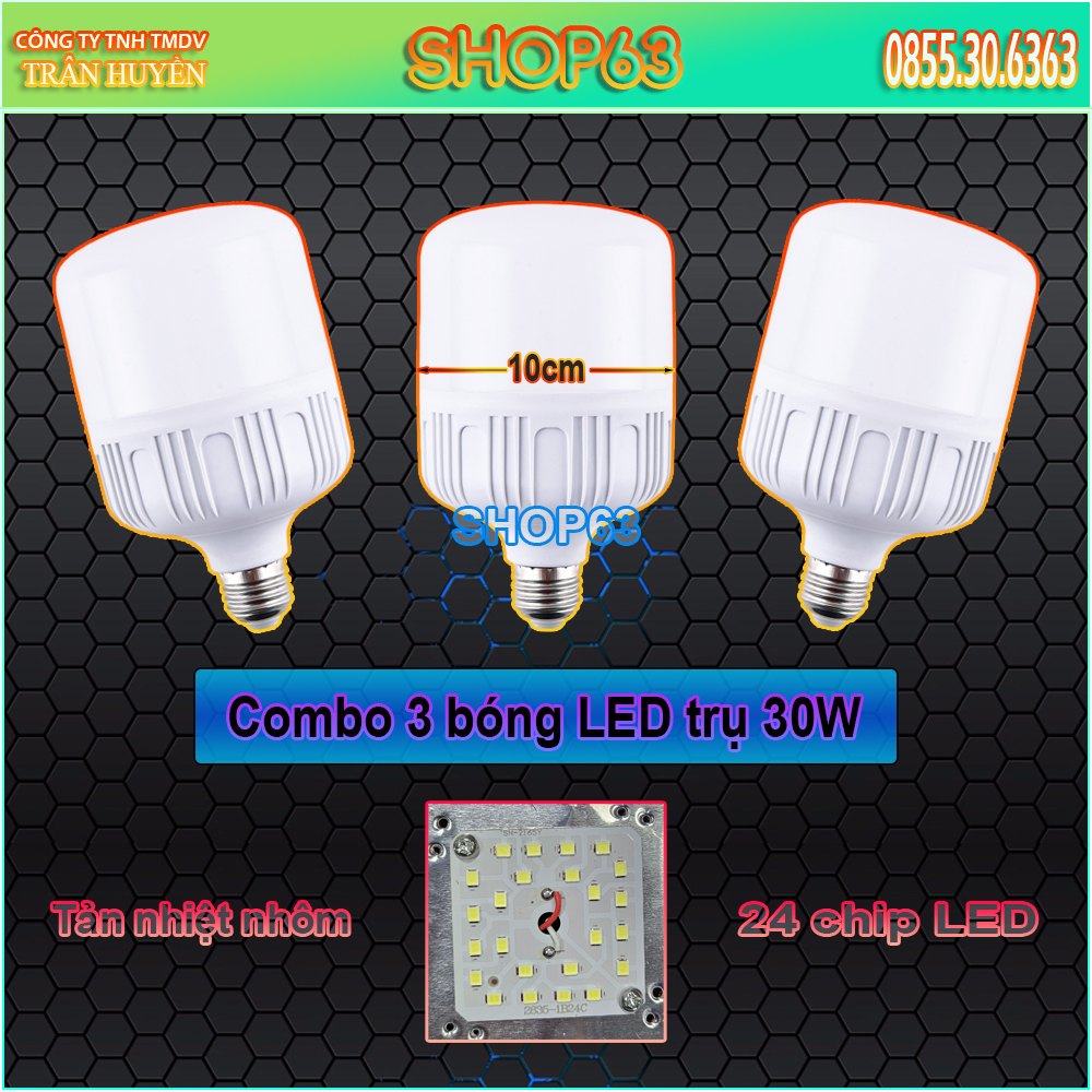 Combo 3 bóng đèn trụ LED 30W tuổi thọ cao - ánh sáng trắng (có tản nhiệt nhôm dày - đường kính 10cm tiết kiệm điện 85%)
