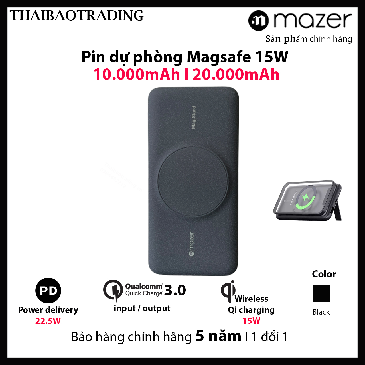 Pin sạc không dây mazer infinite.boost mag.stand qi wireless 15w/20.000mah