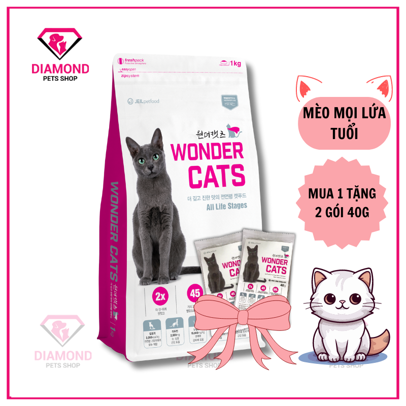 (Mua 5 GÓI TẶNG TÚI 1KG) Thức ăn hạt WONDER CATS dành cho mèo mọi lứa tuổi TÚI 1KG- Thơm ngon hơn Catsrang