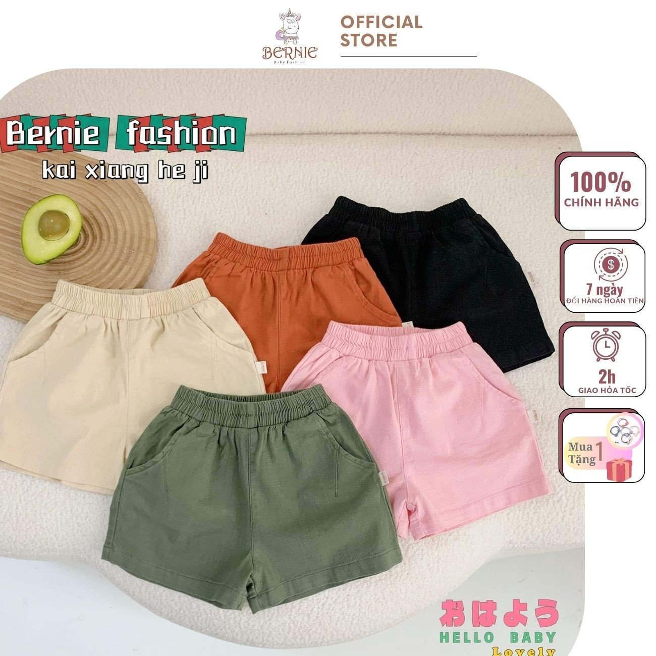 Quần sooc đùi linen kaki mềm bé trai, bé gái unisex có túi màu đen xanh cam be trắng BERNIE