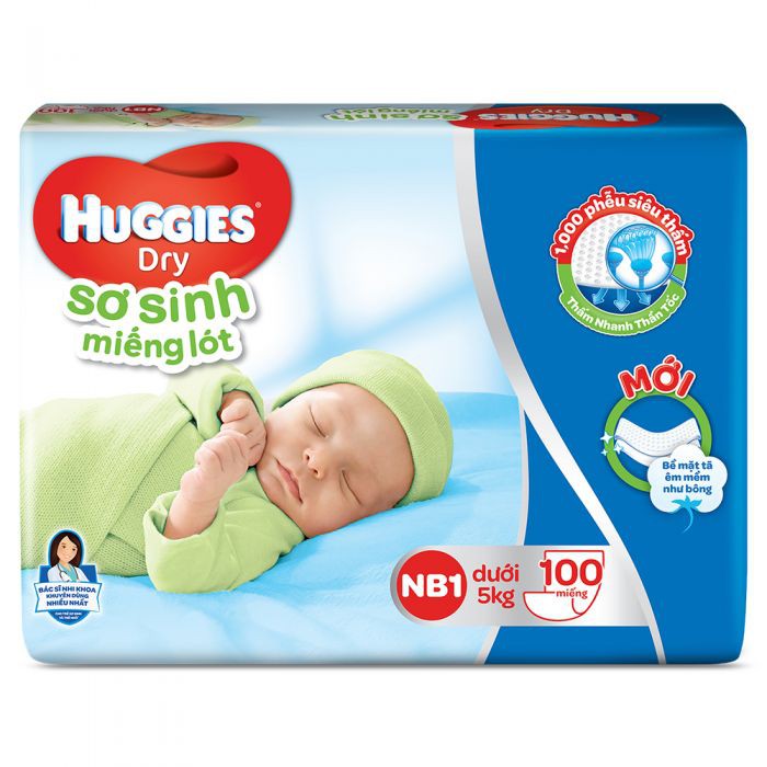 Miếng lót sơ sinh huggies dry nb 1 - 100 miếng/ nb2 - 60 miếng