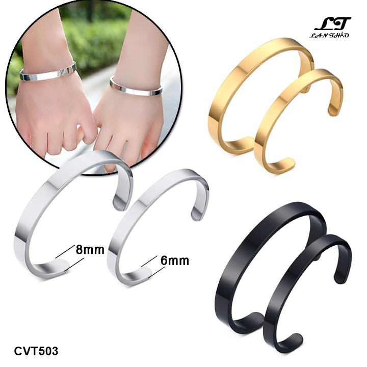 Một cặp vòng tay titan nam nữ trơn bóng giá tốt CVT503 Không đen không gỉ sét