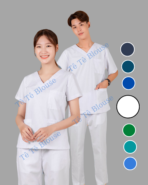 Bộ SCRUBS cổ tim, đồng phục phẫu thuật, Spa, phòng khám, Bác Sĩ, điều dưỡng, dược sĩ màu Trắng vải Lon Nhật mịn mát đẹp