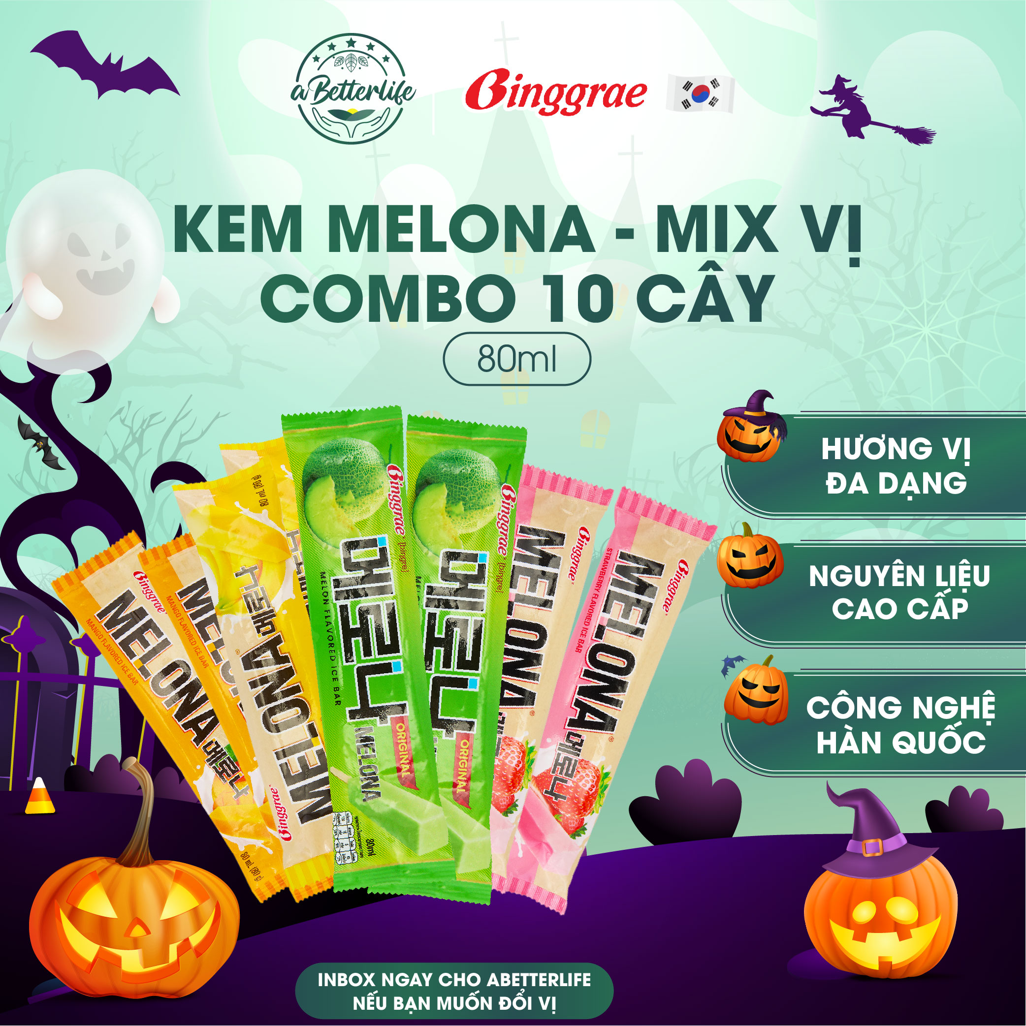 Combo 10 cây kem Hàn Quốc Binggrae Melona 80ml mix 5 vị 2 Dưa lưới, 2 Dâu, 2 Xoài, 2 Chuối, 2 Dừa ABetterLife