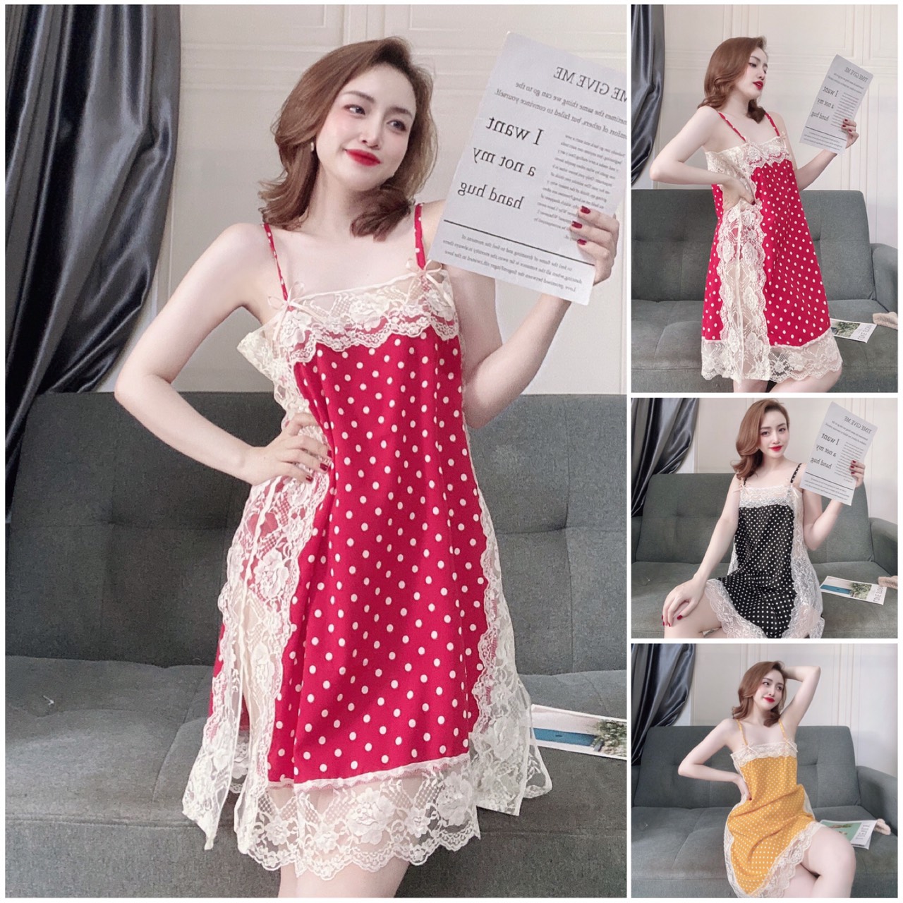 Đầm ngủ lụa chấm bi phối ren trắng kèm quần xinh DN0035