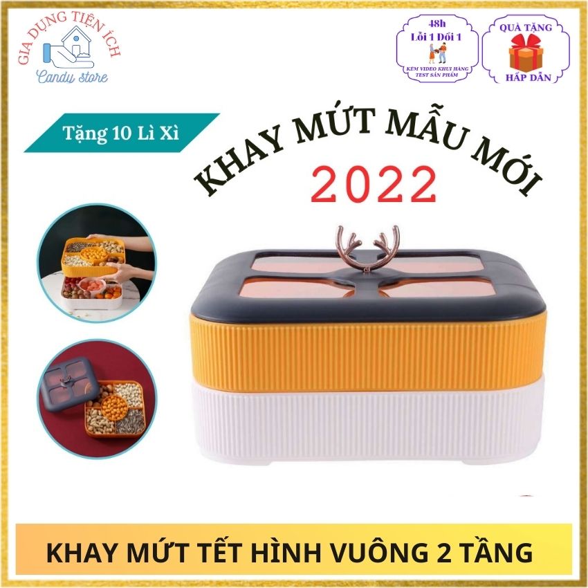 Khay mứt tết vuông sừng hươu vàng  2 tầng 5 ngăn nhựa cao cấp phong cách hiện đại mẫu mới 2022